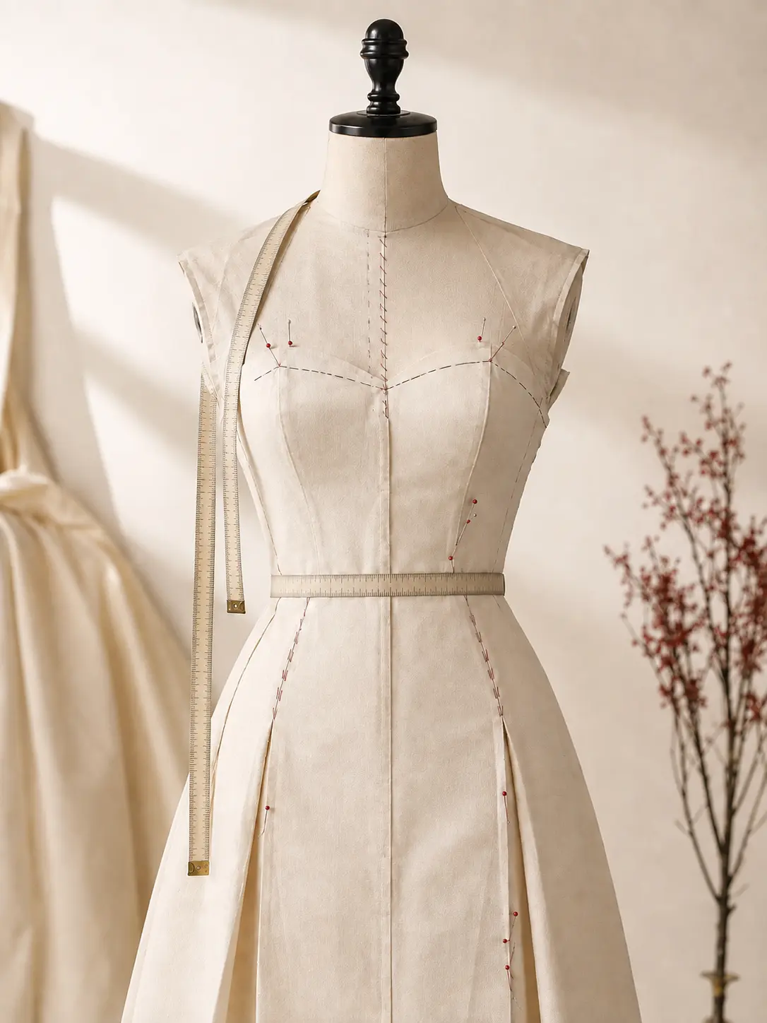 Couture dress form with measuring tape and tailoring details at the Leelavastram atelier